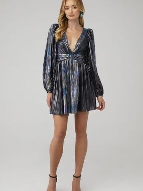 Sabina Musayev Free People Wendy Metallic Plissé V‑Neck Mini Dress